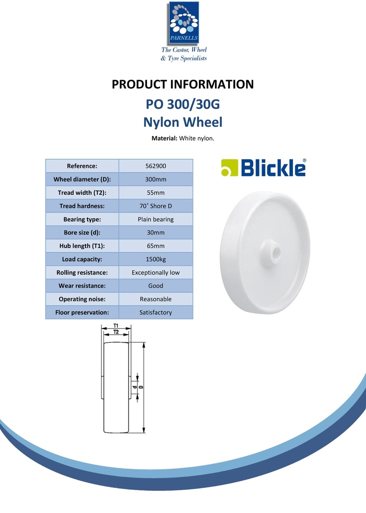 PO 300/30G Wheel series 300mm nylon 30mm bore hub length 65mm plain bearing 1500kg - Spec sheet