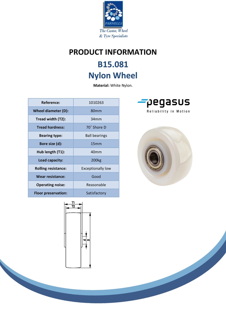 B15.081 Wheel series 80mm nylon 15mm bore hub length 40mm ball bearing 200kg - Spec sheet