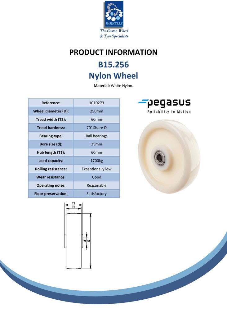 B15.256 Wheel series 250mm nylon 25mm bore hub length 60mm ball bearing 1700kg - Spec sheet