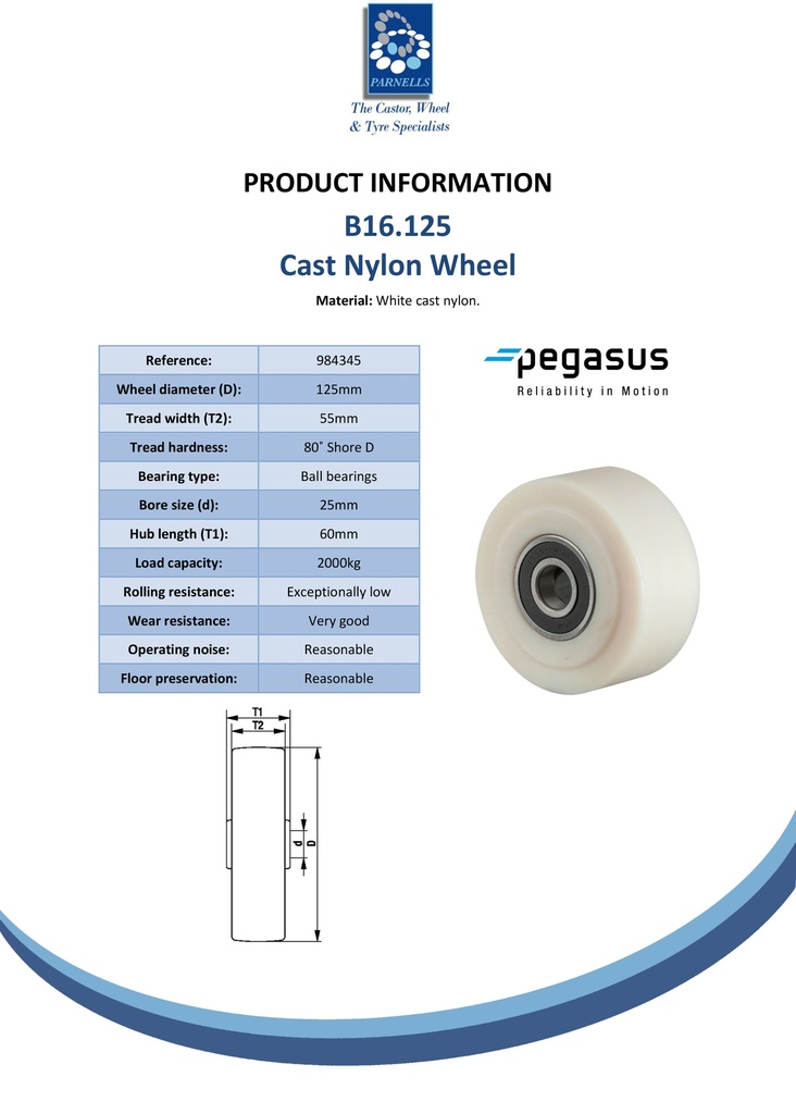 B16.125 Wheel series 125mm cast nylon 25mm bore hub length 60mm ball bearing 2000kg - Spec sheet