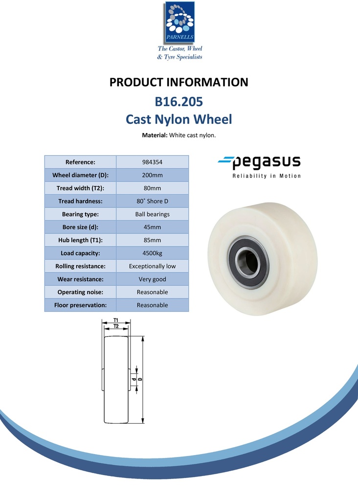 B16.205 Wheel series 200mm cast nylon 45mm bore hub length 85mm ball bearing 4500kg - Spec sheet