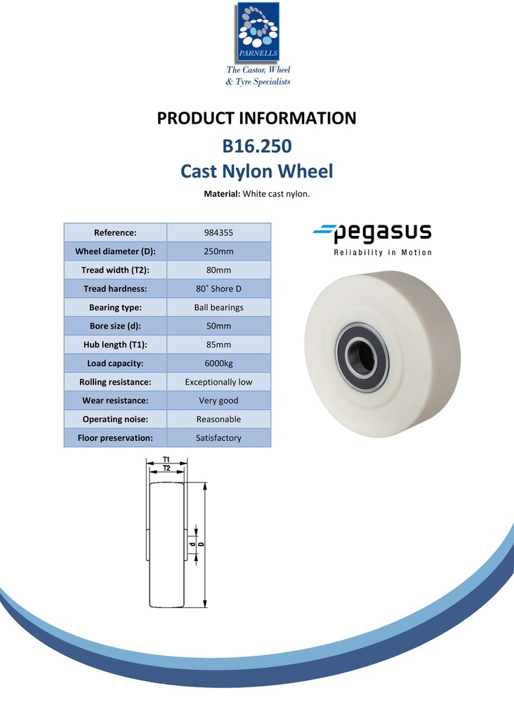 B16.250 Wheel series 250mm cast nylon 50mm bore hub length 85mm ball bearing 6000kg - Spec sheet