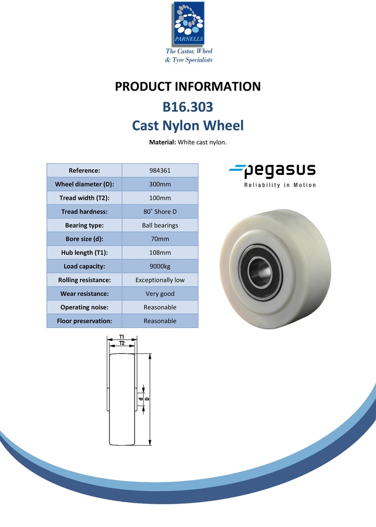B16.303 Wheel series 300mm cast nylon 70mm bore hub length 108mm ball bearing 9000kg - Spec sheet