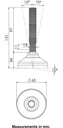 M16x100 Stainless levelling foot 65mm stainless base with anti-vibration rubber pad 900kg AISI 304/A2 - Dimensions