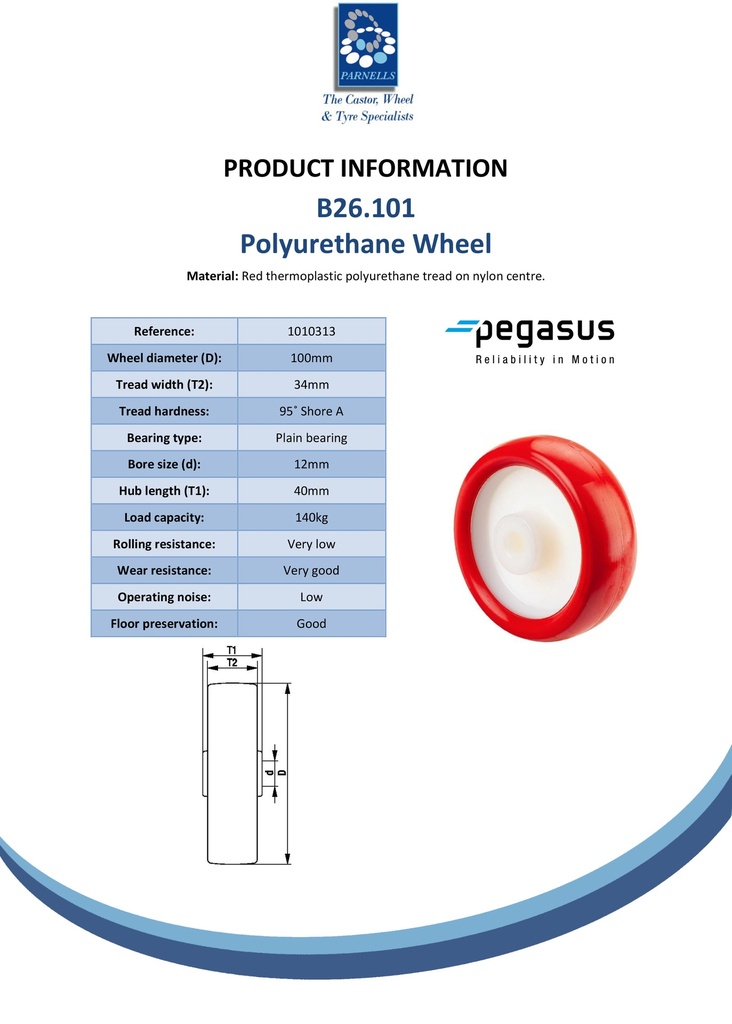 B26.101 Wheel series 100mm red polyurethane on nylon centre 12mm bore hub length 40mm plain bearing 140kg - Spec sheet
