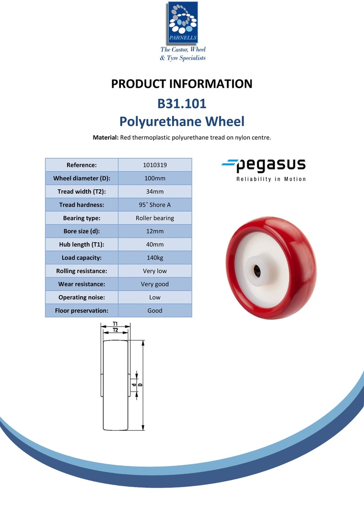 B31.101 Wheel series 100mm red polyurethane on nylon centre 12mm bore hub length 40mm roller bearing 140kg - Spec sheet