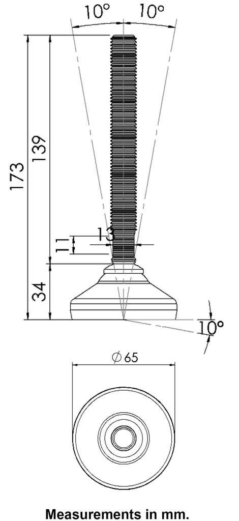 M16x150 Stainless levelling foot 65mm stainless base with anti-vibration rubber pad 900kg AISI 304/A2 - Dimensions