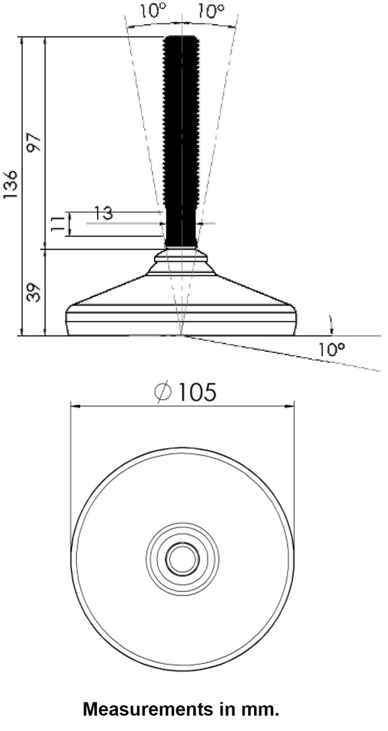 M16x100 Stainless levelling foot 105mm stainless base with anti-vibration rubber pad 2200kg AISI 304/A2 - Dimensions