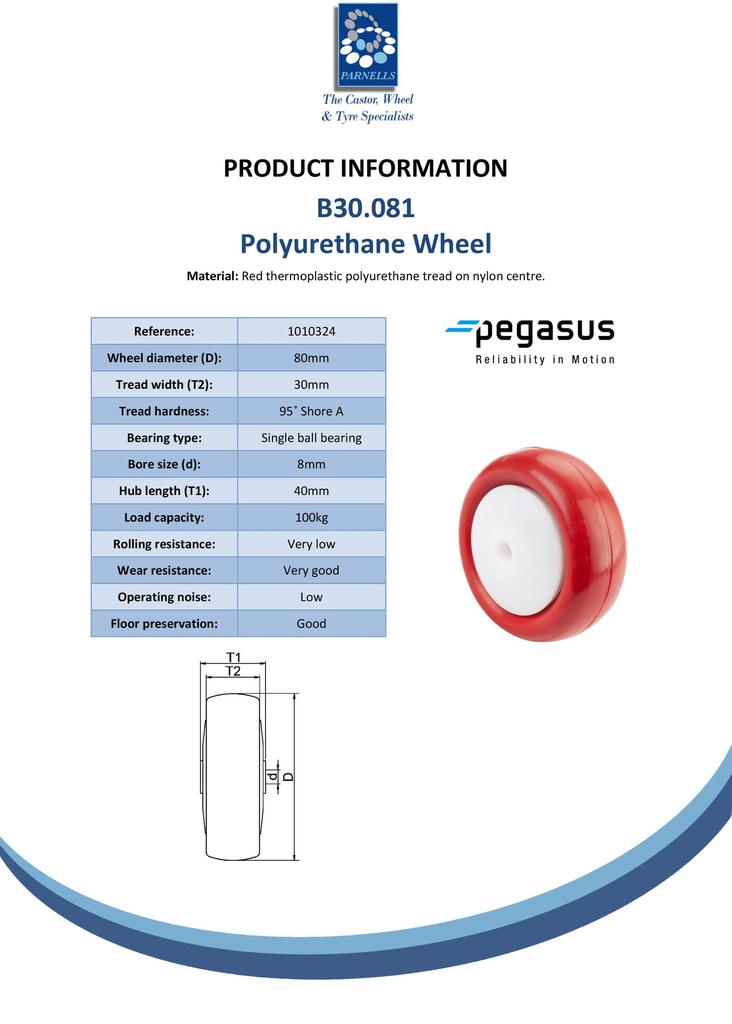 B30.081 Wheel series 80mm red polyurethane on nylon centre 8mm bore hub length 40mm single ball bearing 100kg - Spec sheet