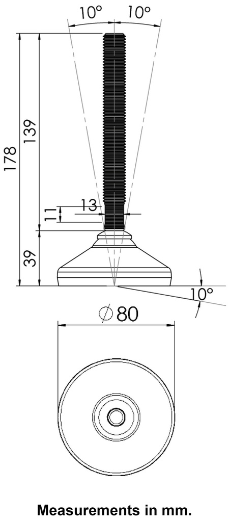 M16x150 Stainless levelling foot 80mm stainless base with anti-vibration rubber pad 1500kg AISI 304/A2 - Dimensions