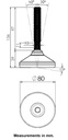 M16x100 Stainless levelling foot 80mm stainless base with anti-vibration rubber pad 1500kg AISI 304/A2 - Dimensions