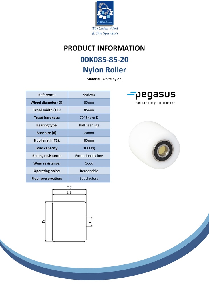 00K085-85-20 Wheel series 85x85mm nylon 20mm bore hub length 85mm ball bearing 1000kg - Spec sheet
