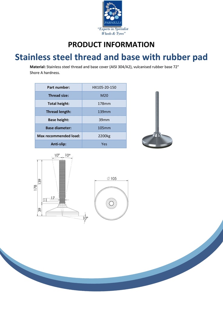 M20x150 Stainless levelling foot 105mm stainless base with anti-vibration rubber pad 2200kg AISI 304/A2 - Spec sheet