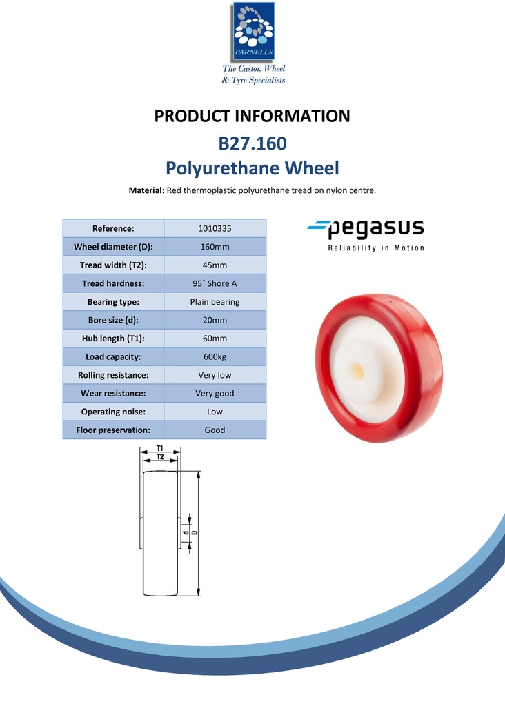 B27.160 Wheel series 160mm red polyurethane on nylon centre 20mm bore hub length 60mm plain bearing 600kg - Spec sheet