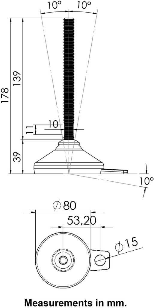 M12x150 Stainless levelling foot 80mm stainless base with anti-vibration rubber pad & fixing tab 800kg AISI 304/A2 - Dimensions