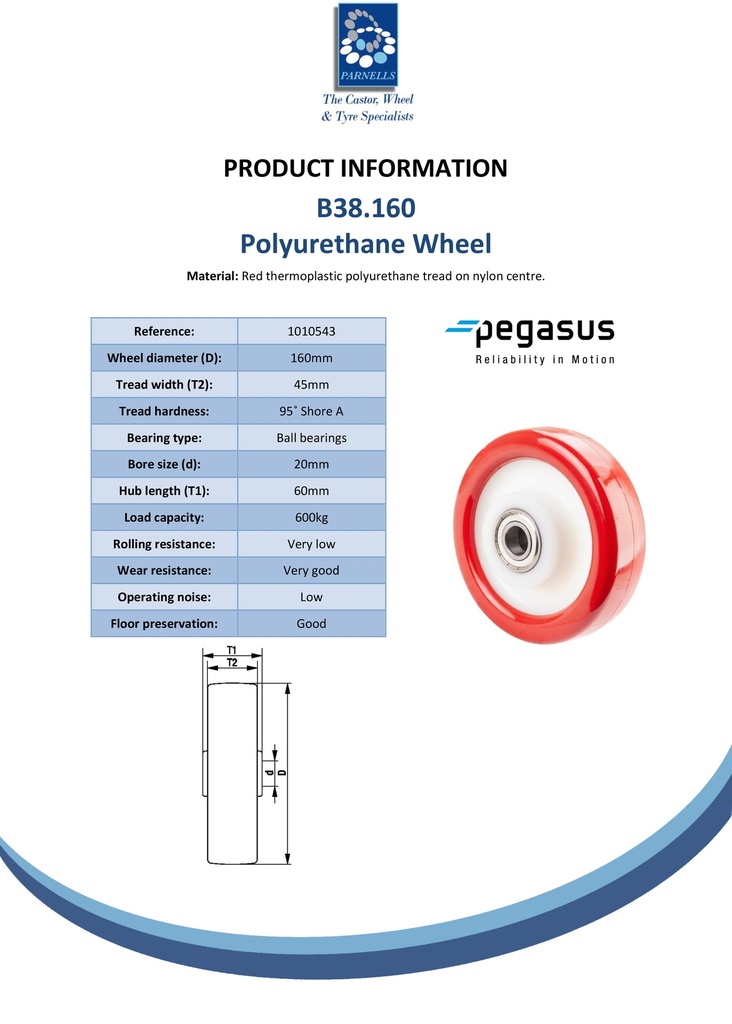 B38.160 Wheel series 160mm red polyurethane on nylon centre 20mm bore hub length 60mm ball bearing 600kg - Spec sheet