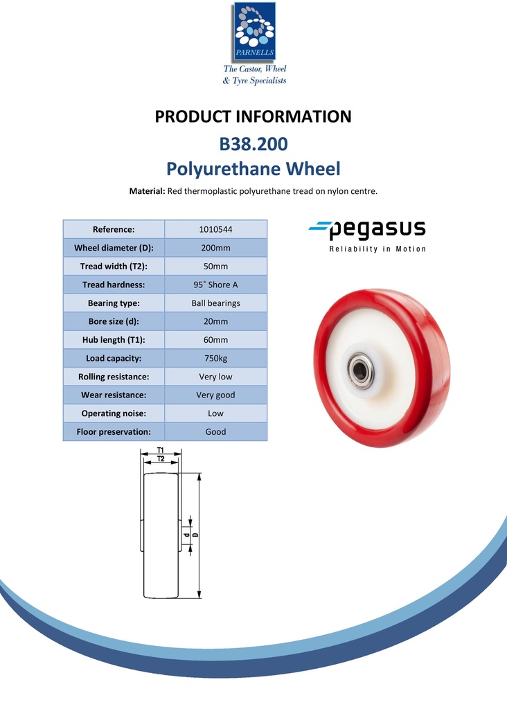 B38.200 Wheel series 200mm red polyurethane on nylon centre 20mm bore hub length 60mm ball bearing 750kg - Spec sheet