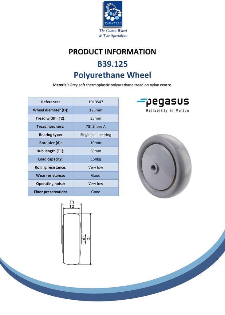 B39.125 Wheel series 125mm grey soft polyurethane on nylon centre 10mm bore hub length 50mm single ball bearing 150kg - Spec sheet