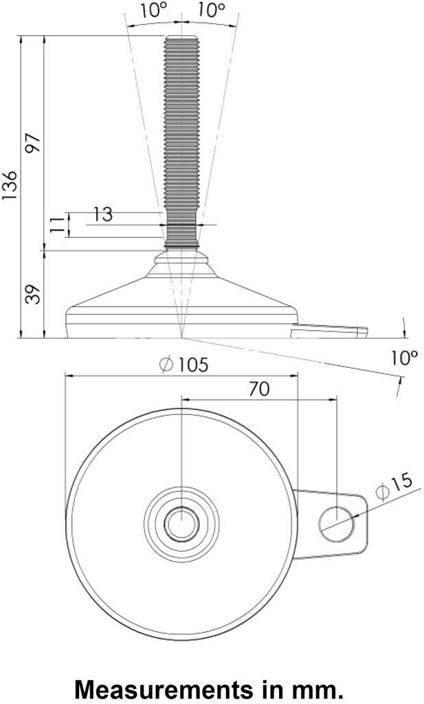 M16x100 Stainless levelling foot 105mm stainless base with anti-vibration rubber pad 2200kg AISI 304/A2 - Dimensions