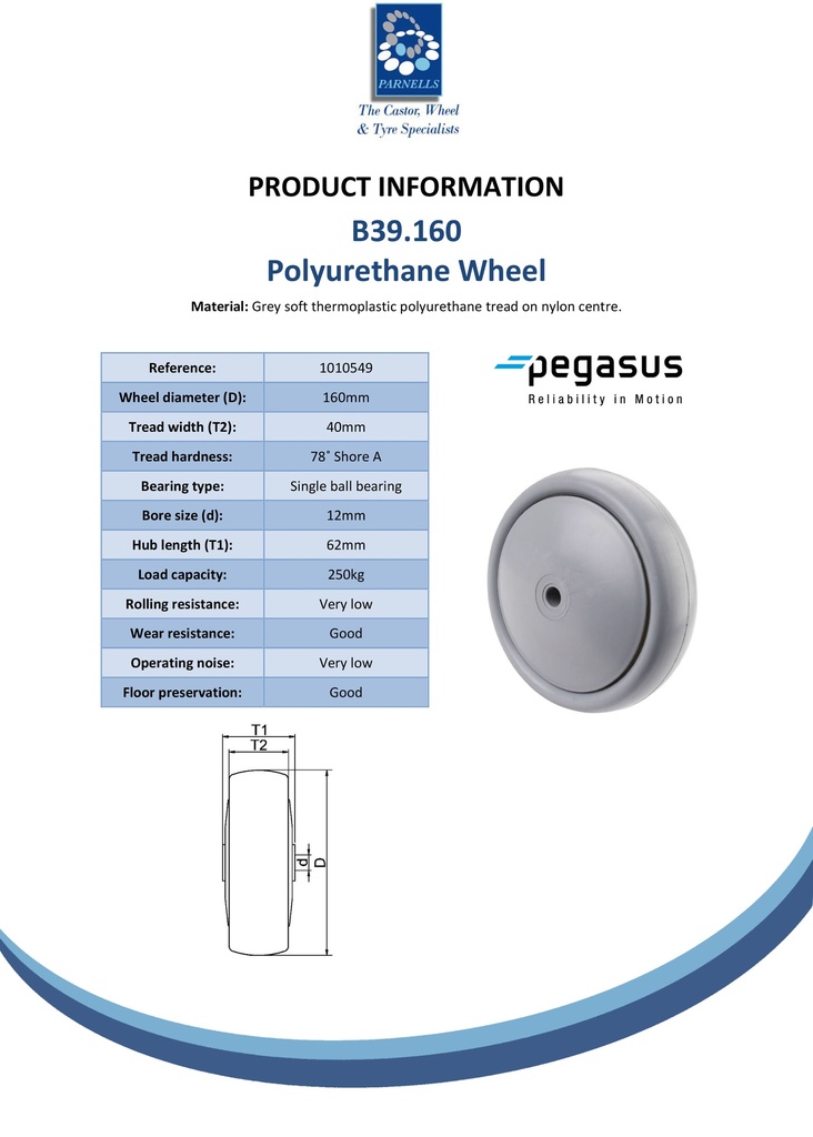 B39.160 Wheel series 160mm grey soft polyurethane on nylon centre 12mm bore hub length 62mm single ball bearing 250kg - Spec sheet