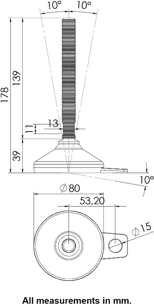M16x150 Stainless levelling foot 80mm stainless base with anti-vibration rubber pad & fixing tab 1500kg AISI 304/A2 - Dimensions