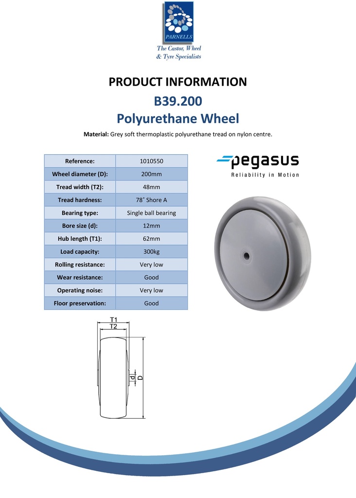 B39.200 Wheel series 200mm grey soft polyurethane on nylon centre 12mm bore hub length 62mm single ball bearing 300kg - Spec sheet