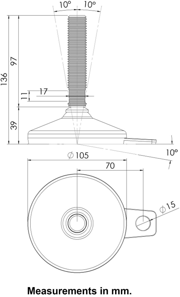 M20x100 Stainless levelling foot 105mm stainless base with anti-vibration rubber pad 2200kg AISI 304/A2 - Dimensions