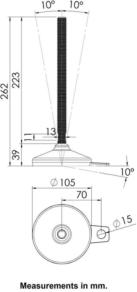 M16x230 Stainless levelling foot 105mm stainless base with anti-vibration rubber pad 1250kg AISI 304/A2 - Dimensions