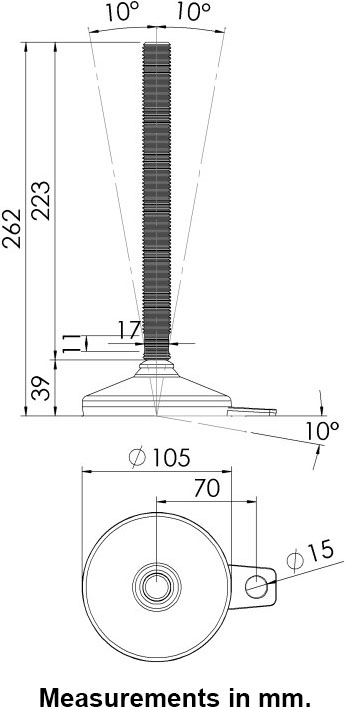 M20x230 Stainless levelling foot 105mm stainless base with anti-vibration rubber pad 2200kg AISI 304/A2 - Dimensions