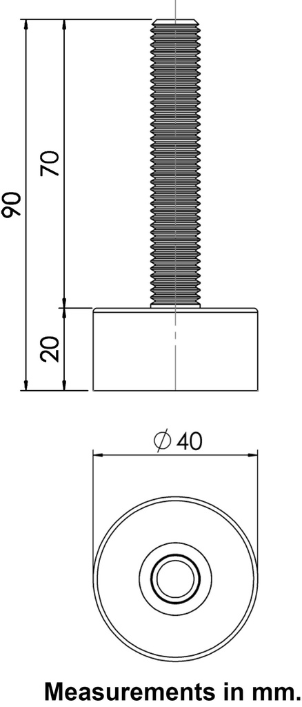 M12x70 Stainless levelling foot on 40mm soft black rubber base 60 shore 65kg AISI 304/A2 - Dimensions