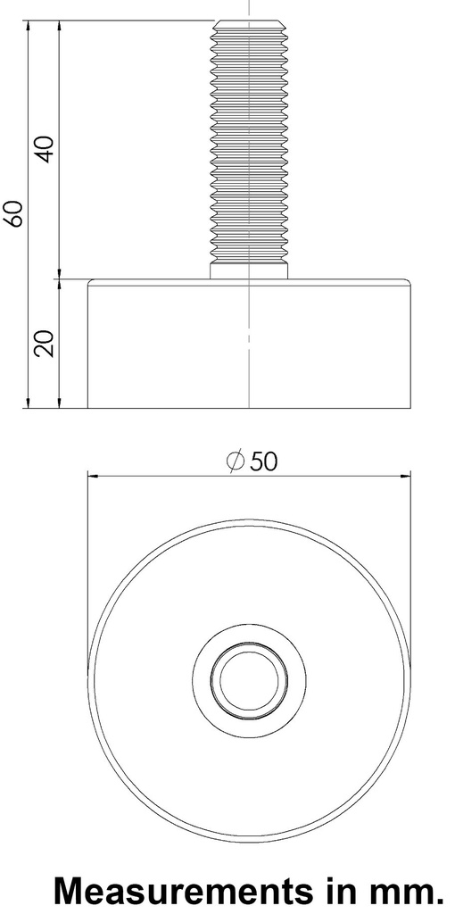 M12x40 Stainless levelling foot on 50mm soft black rubber base 60 shore 90kg AISI 304/A2 - Dimensions
