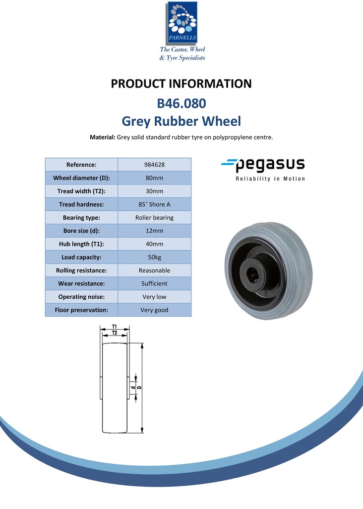 B46.080 Wheel series 80mm grey rubber on polypropylene centre 12mm bore hub length 40mm roller bearing 50kg - Spec sheet