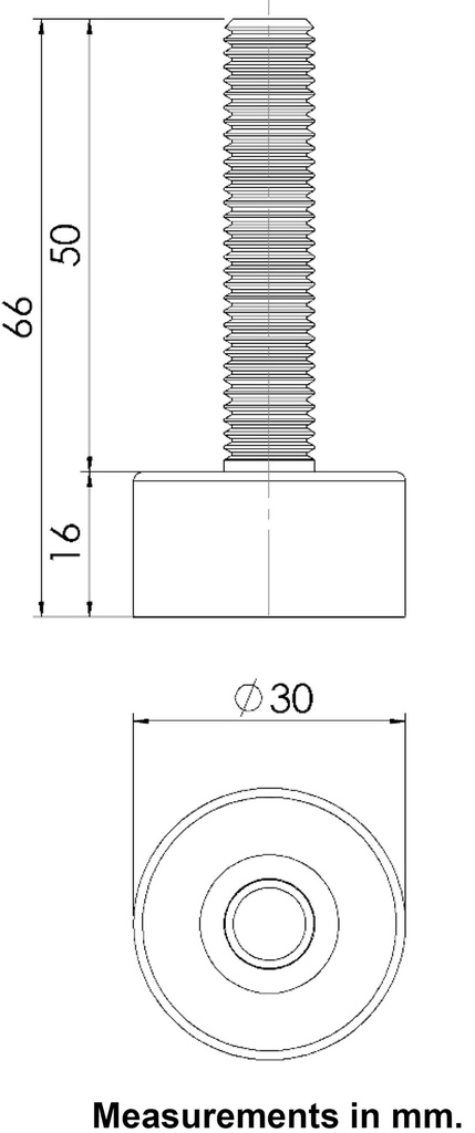 M10x50 Stainless levelling foot on 30mm soft black rubber base 60 shore 25kg AISI 304/A2 - Dimensions