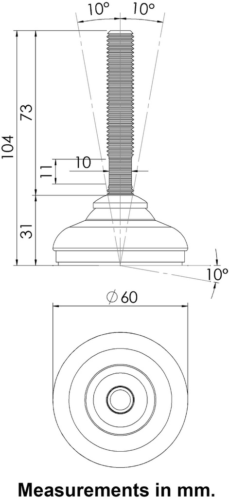 M12x70 Stainless levelling foot 60mm plastic base 1500kg AISI 304/A2 - Dimensions