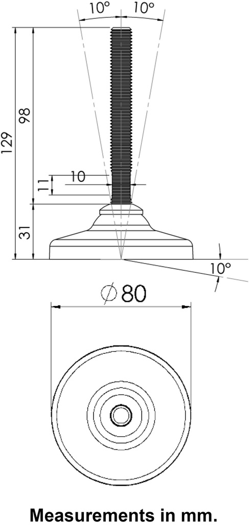 M12x100 Stainless levelling foot 80mm plastic base 1000kg AISI 304/A2 - Dimensions