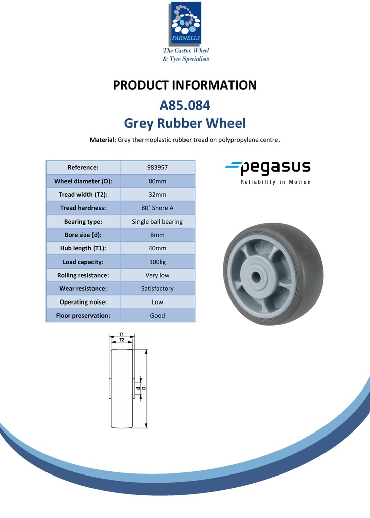 A85.084 Wheel series 80mm grey thermoplastic rubber on polypropylene centre 8mm bore hub length 40mm single ball bearing 100kg - Spec sheet