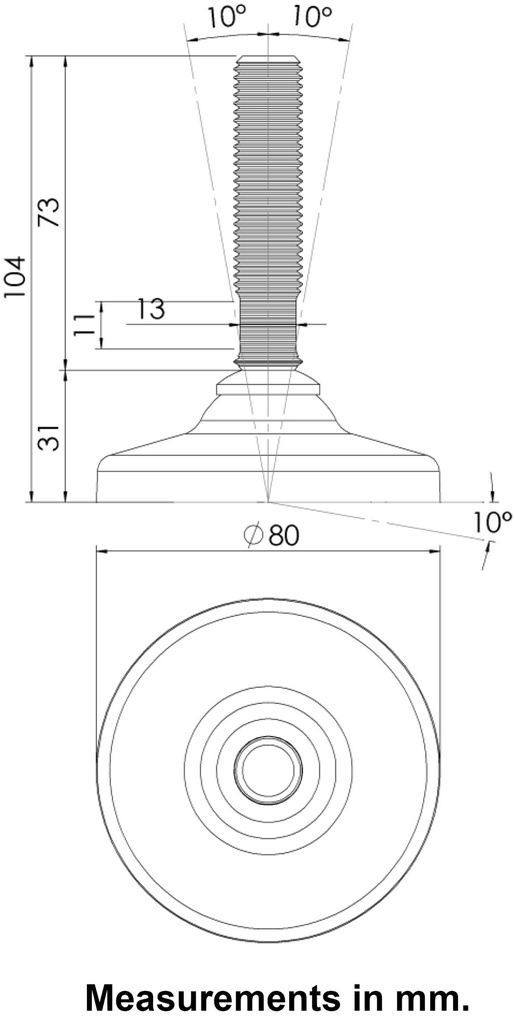 M16x70 Stainless levelling foot 80mm plastic base 1000kg AISI 304/A2 - Dimensions