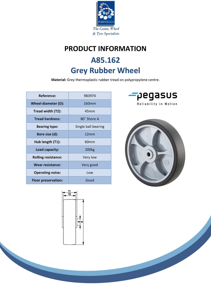 A85.162 Wheel series 160mm grey thermoplastic rubber on polypropylene centre 12mm bore hub length 60mm single ball bearing 200kg - Spec sheet