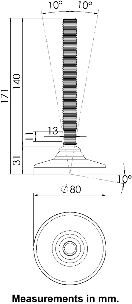 M16x150 Stainless levelling foot 80mm plastic base 1000kg AISI 304/A2 - Dimensions