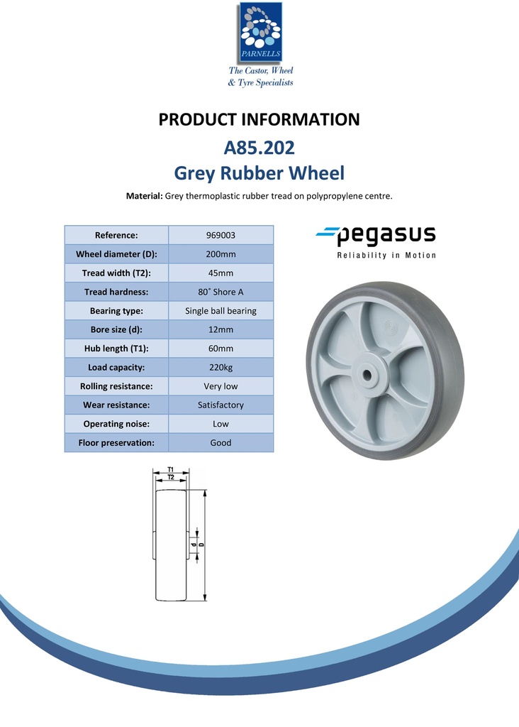 A85.202 Wheel series 200mm grey thermoplastic rubber on polypropylene centre 12mm bore hub length 60mm single ball bearing 220kg - Spec sheet