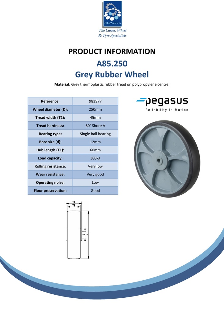 A85.250 Wheel series 250mm grey thermoplastic rubber on polypropylene centre 12mm bore hub length 60mm single ball bearing 300kg - Spec sheet