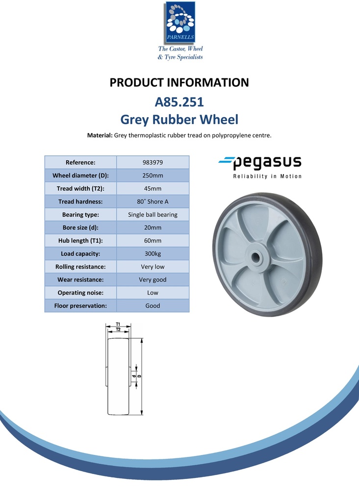 A85.251 Wheel series 250mm grey thermoplastic rubber on polypropylene centre 20mm bore hub length 60mm single ball bearing 300kg - Spec sheet