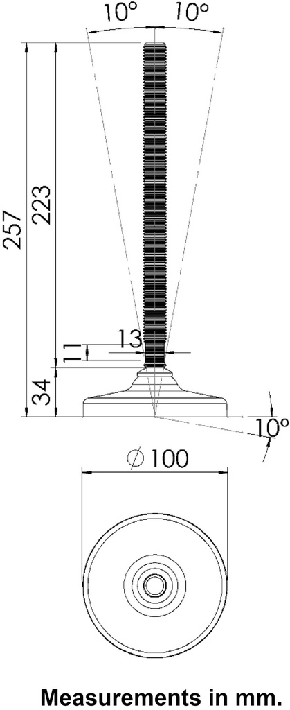 M16x230 Stainless levelling foot 100mm plastic base 1250kg AISI 304/A2 - Dimensions