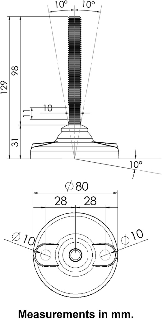 M12x100 Stainless levelling foot 80mm plastic base with holes 1000kg AISI 304/A2 - Dimensions