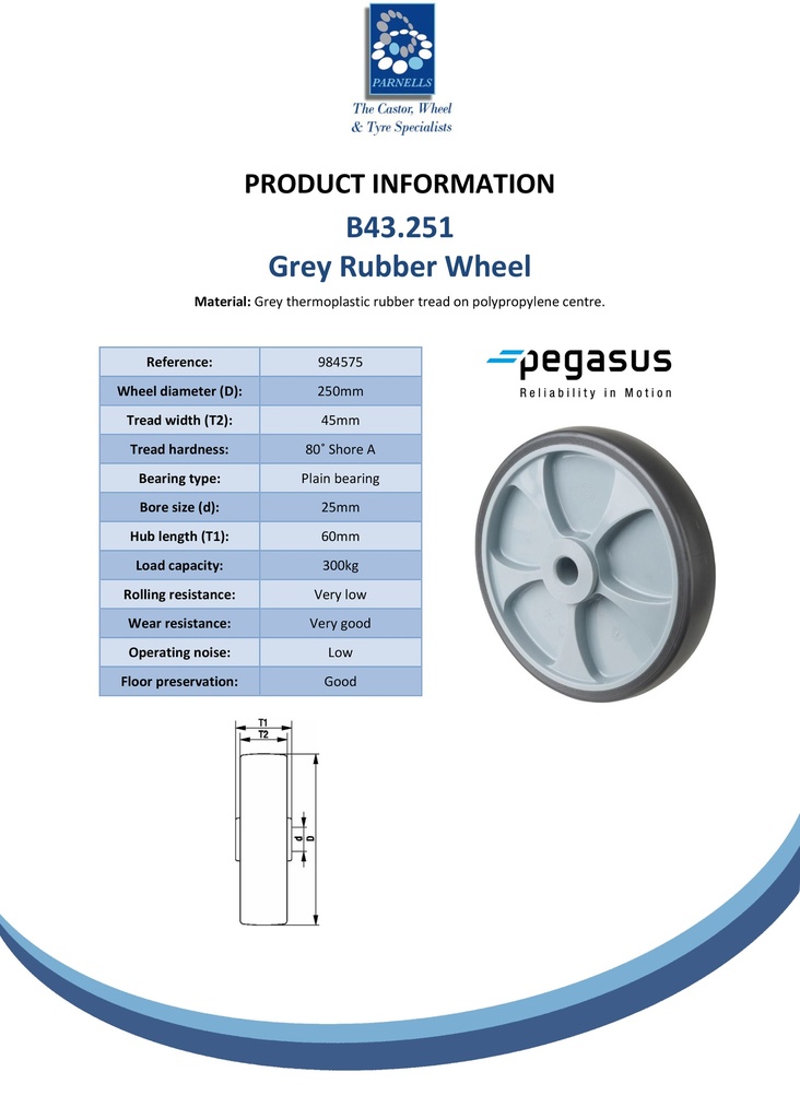 B43.251 Wheel series 250mm grey thermoplastic rubber on polypropylene centre 25mm bore hub length 60mm Plain bearing 300kg - Spec sheet