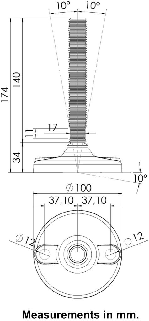 M20x150 Stainless levelling foot 100mm plastic base with holes 1500kg AISI 304/A2 - Dimensions