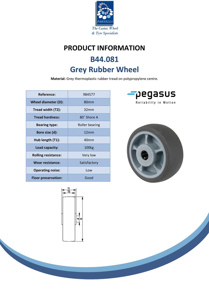 B44.081 Wheel series 80mm grey thermoplastic rubber on polypropylene centre 12mm bore hub length 40mm roller bearing 100kg - Spec sheet