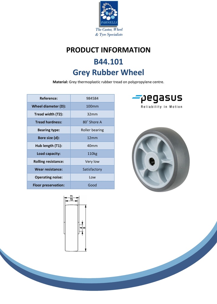 B44.101 Wheel series 100mm grey thermoplastic rubber on polypropylene centre 12mm bore hub length 40mm roller bearing 110kg - Spec sheet
