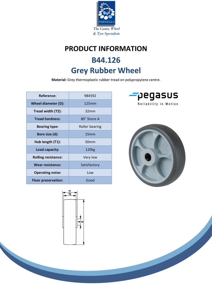 B44.126 Wheel series 125mm grey thermoplastic rubber on polypropylene centre 15mm bore hub length 50mm roller bearing 120kg - Spec sheet