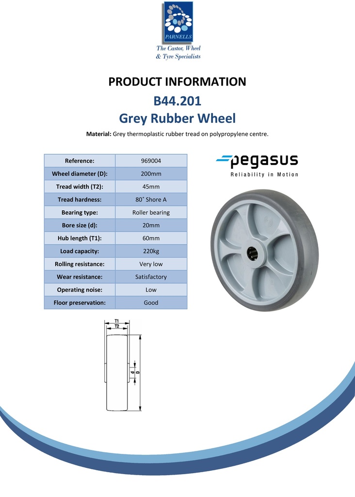 B44.201 Wheel series 200mm grey thermoplastic rubber on polypropylene centre 20mm bore hub length 60mm roller bearing 220kg - Spec sheet